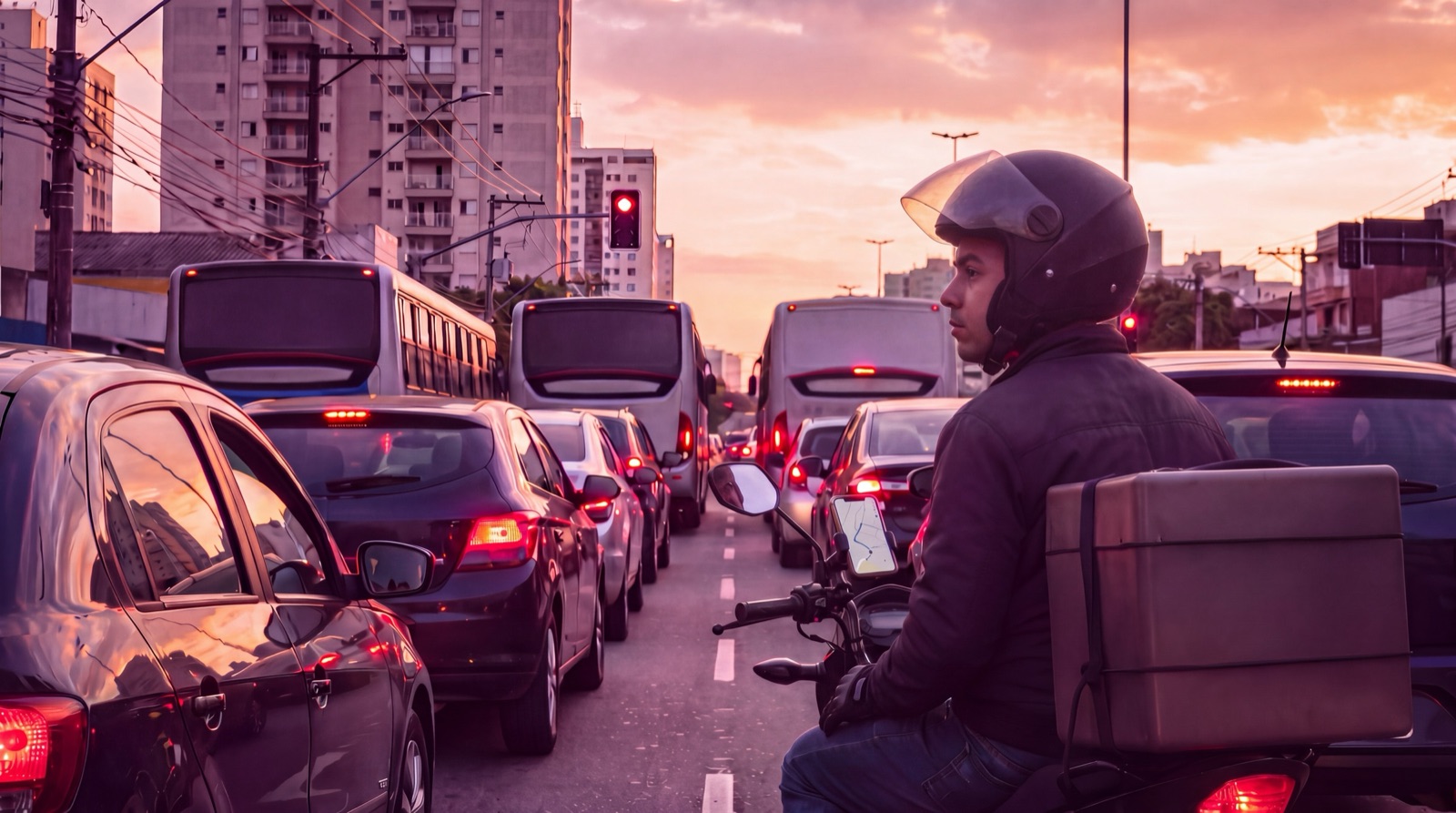 Motoboy com o celular preso no suporte do guidão, no trânsito da cidade