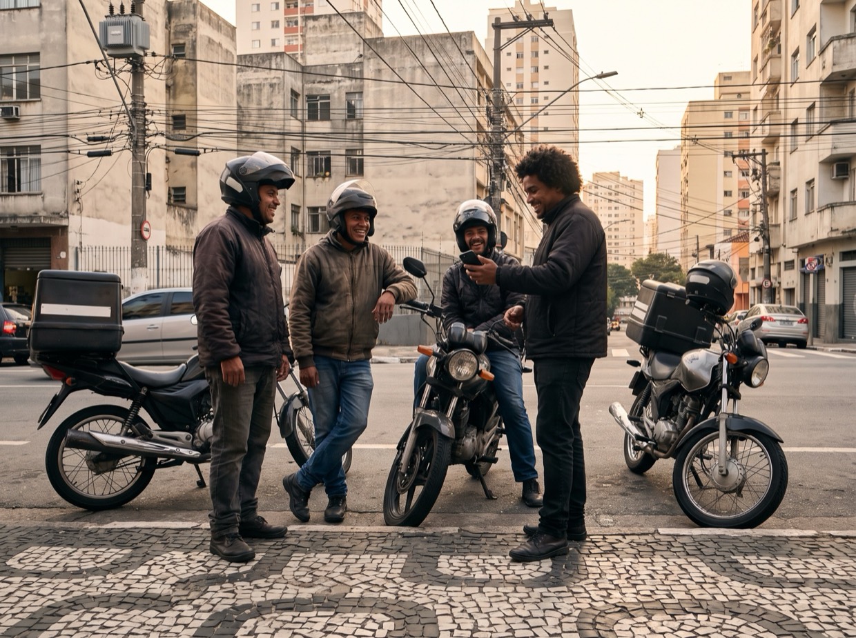 Grupo de motoboys conversando ao lado das motos, no ponto