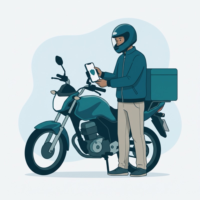 Ilustração: motoboy prende o celular no suporte do guidão e liga a proteção